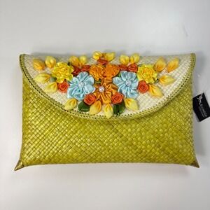 Kalingga Home Gallery Woven Clutch Bag Floral Embellished Yellow Handcrafted
